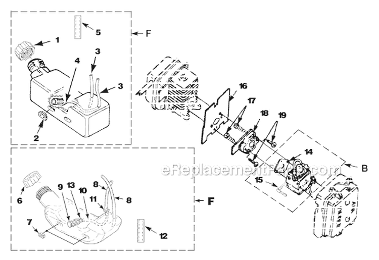 Carburetor And Fuel Tank Diagram and Parts List for UT-08074 Yardvark Homelite Leaf Blower / Vacuum