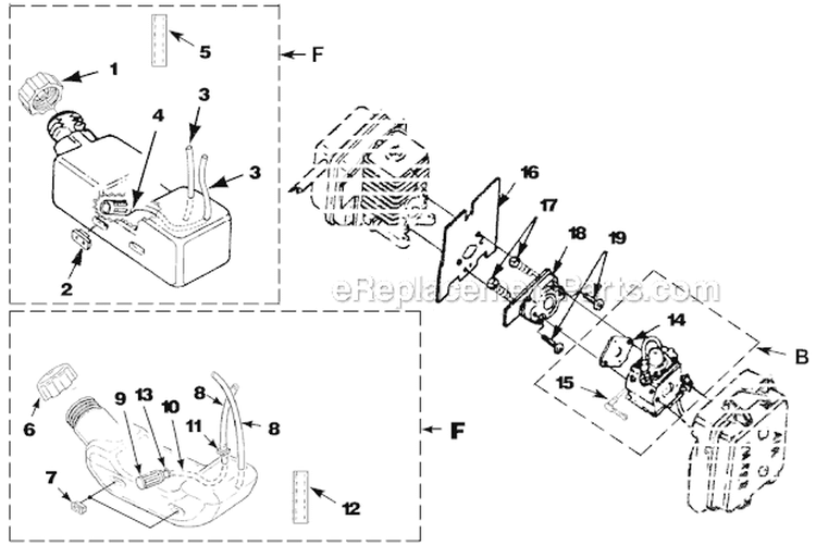 Carburetor And Fuel Tank Diagram and Parts List for UT-08077 Yardvark Homelite Leaf Blower / Vacuum