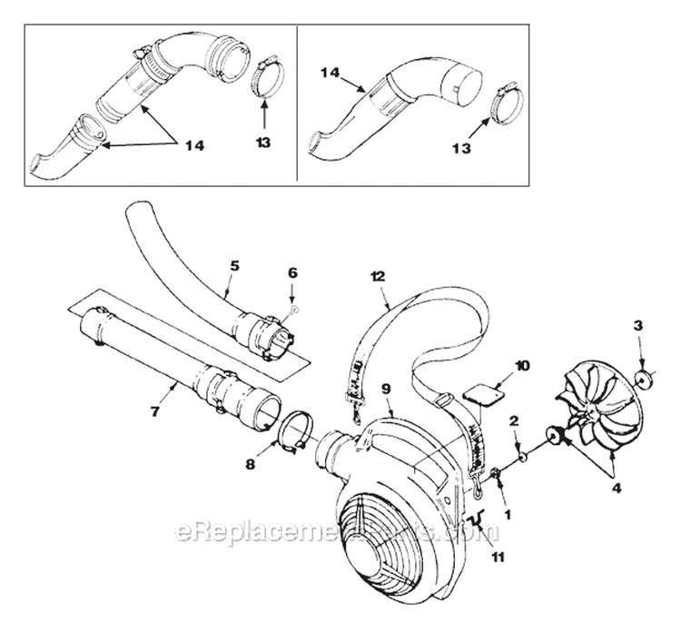 Volute, Fan And Tubes Diagram and Parts List for UT-08079 D25B Homelite Leaf Blower / Vacuum