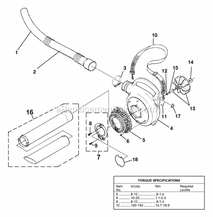 VoluteFanAndTubes Diagram and Parts List for UT-08121  Homelite Leaf Blower / Vacuum