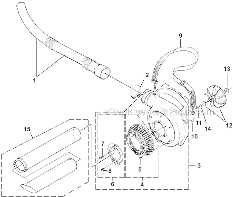 Volute, Fan & Tubes Diagram and Parts List for UT-08131  Homelite Leaf Blower / Vacuum