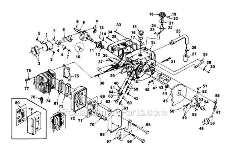Engine Internals Diagram and Parts List for UT-10415-C  Homelite Chainsaw