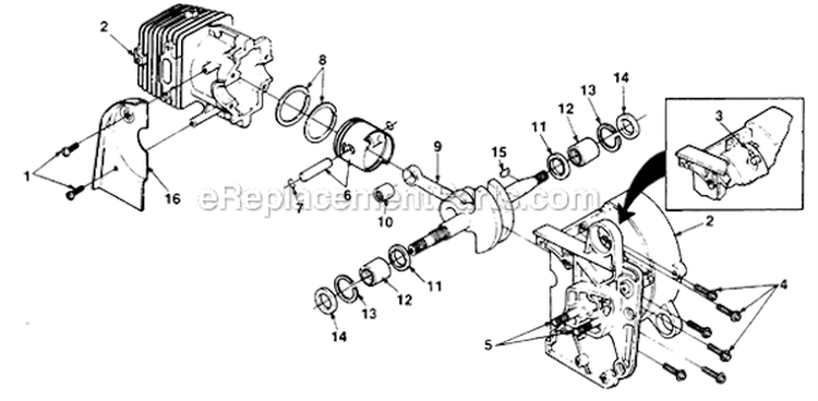 Engine Internals Diagram and Parts List for UT-10604-A  Homelite Chainsaw