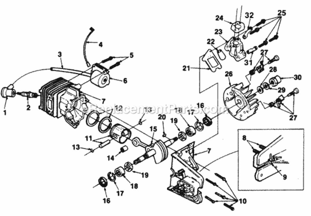 Engine_Internals Diagram and Parts List for UT-10625  Homelite Chainsaw