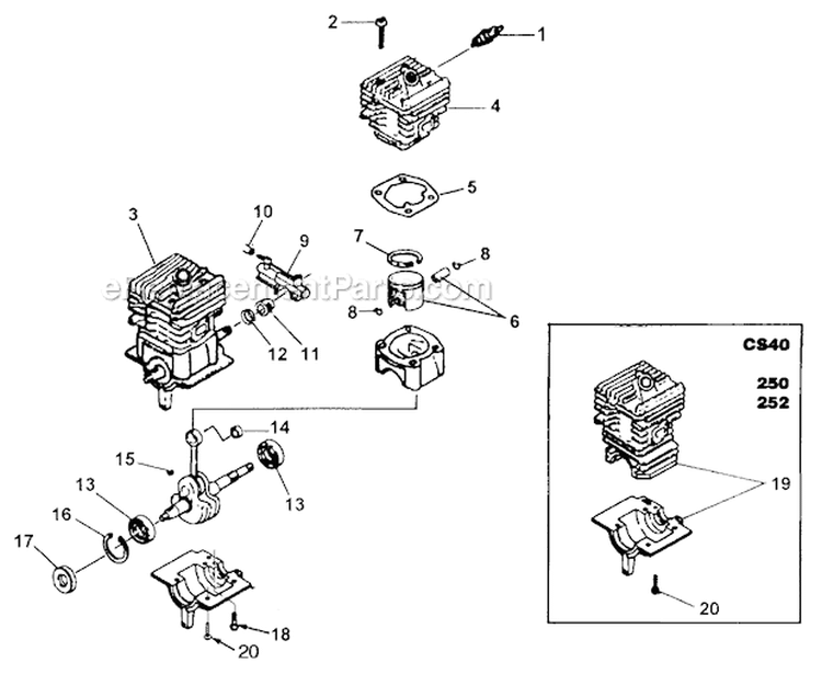 Engine Internal Diagram and Parts List for UT-10687-B  Homelite Chainsaw
