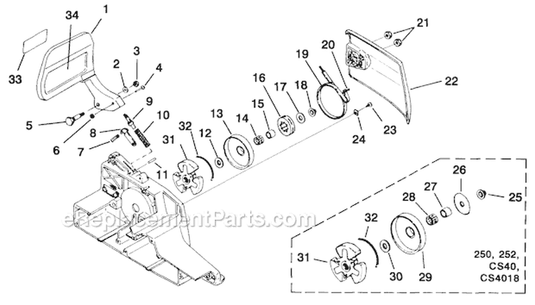 Clutch And Chain Brake Diagram and Parts List for UT-10687-E  Homelite Chainsaw