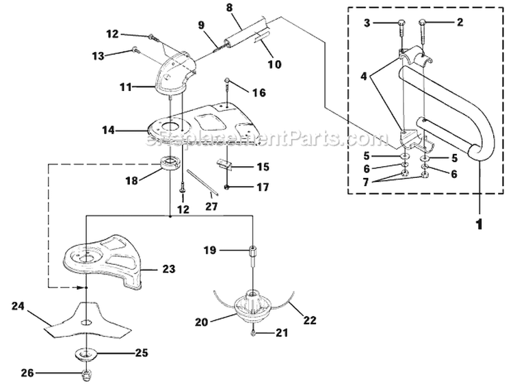 Shaft, Spool & String, Grass Deflector, Blade Guard, Blade Diagram and Parts List for UT-15136  Homelite Trimmer