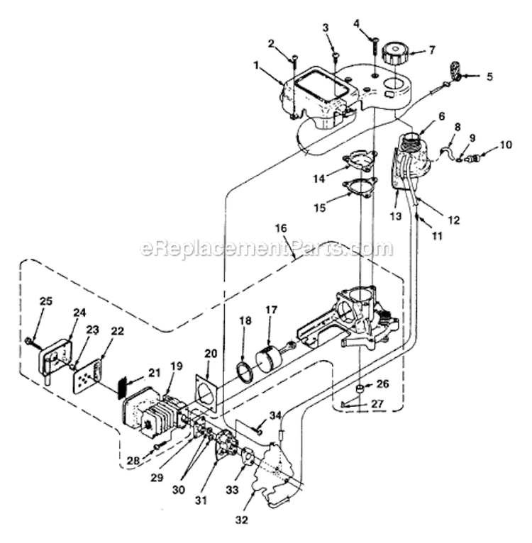 Engine Internal - Fuel Tank - Muffler - Carburetor Diagram and Parts List for UT-18022-E  Homelite Pole Saw