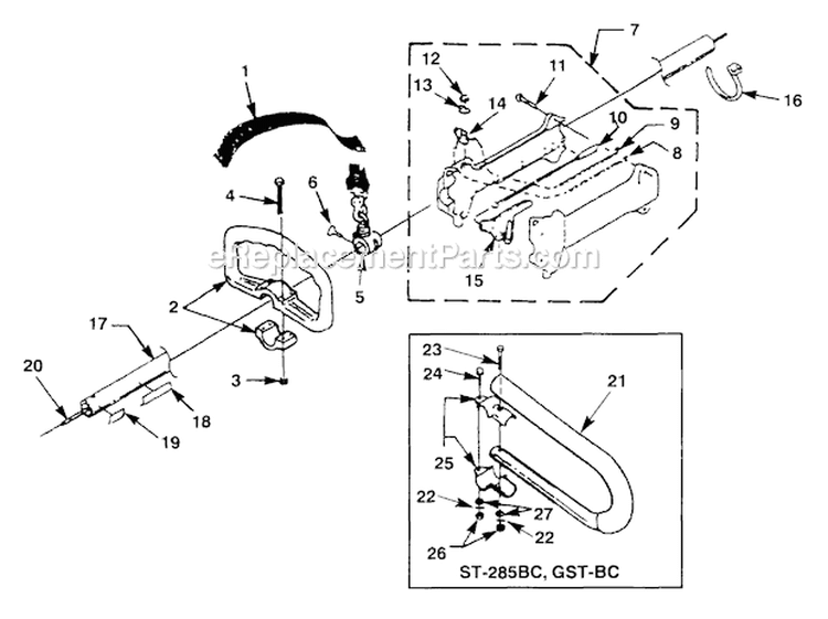 Boom, Handles And Head Diagram and Parts List for UT-20581-E ST285BC Homelite Trimmer