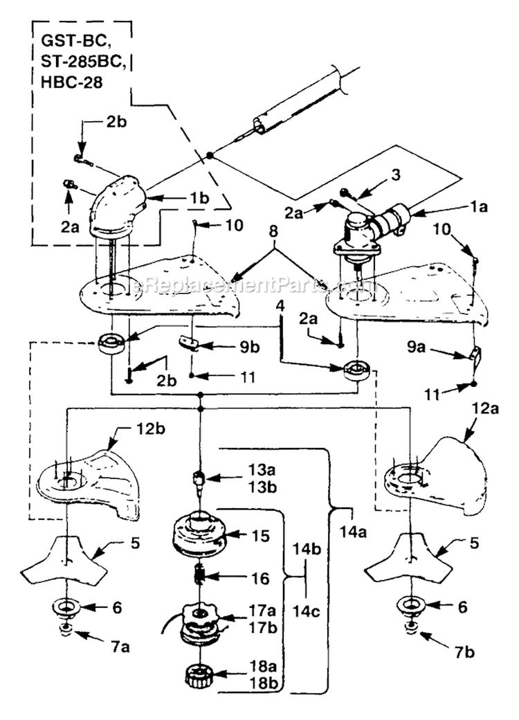 Gearhead, Stringhead And Deflectors Diagram and Parts List for UT-20581-E ST285BC Homelite Trimmer
