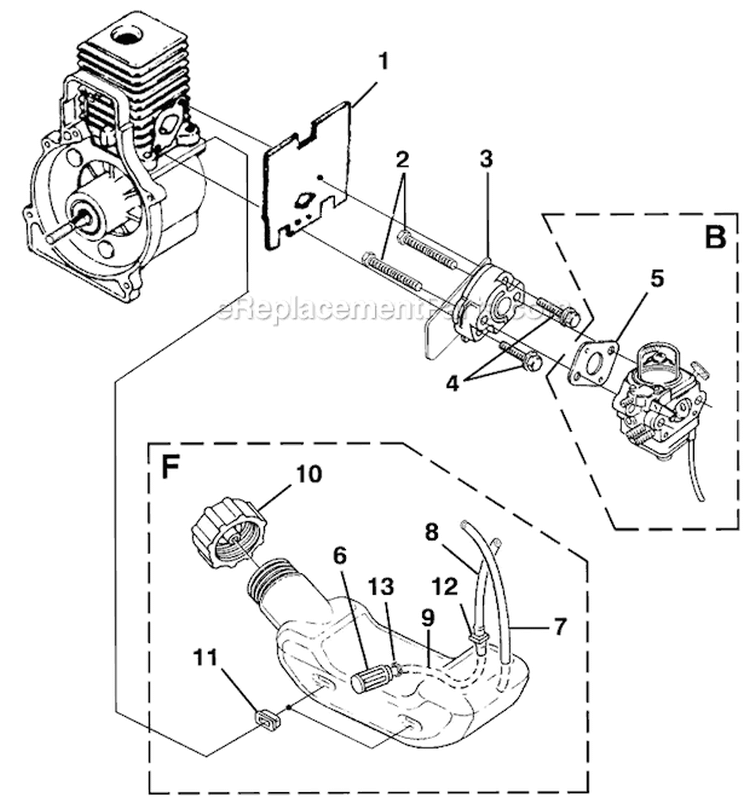 Carburetor And Fuel Tank Diagram and Parts List for UT-20706  Homelite Trimmer