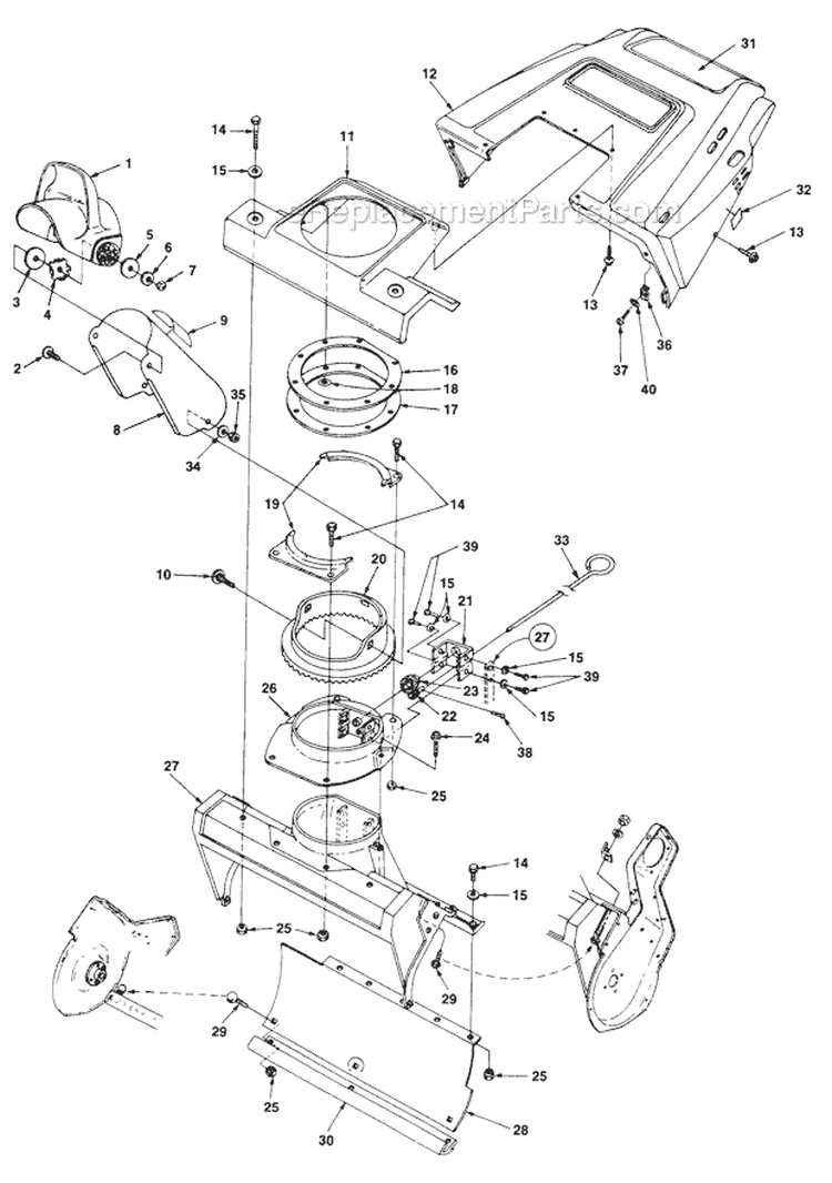 Housing and Chute Diagram and Parts List for UT-35020  Homelite Snow Blower