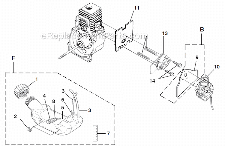 Carburetor And Fuel Tank Diagram and Parts List for UT08087  Homelite Leaf Blower / Vacuum