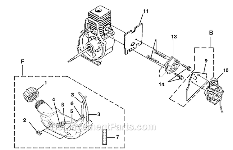 Carburetor And Fuel Tank Diagram and Parts List for UT08096  Homelite Leaf Blower / Vacuum