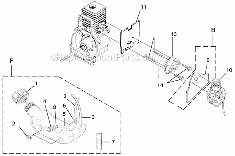 Carburetor And Fuel Tank Diagram and Parts List for UT08110A  Homelite Leaf Blower / Vacuum