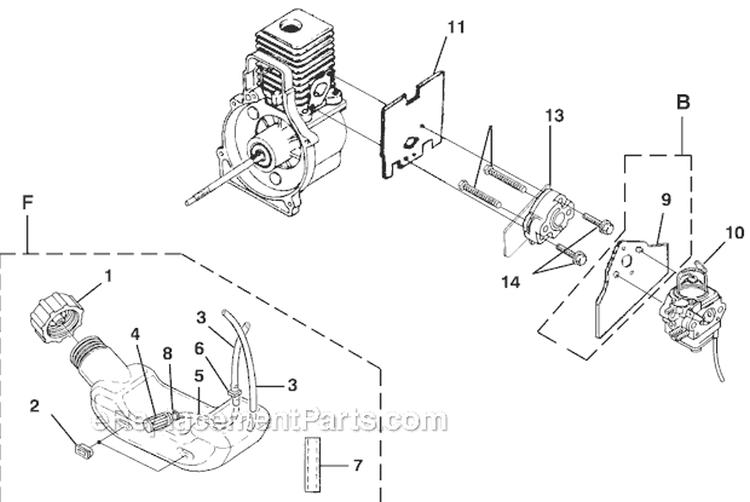 Carburetor And Fuel Tank Diagram and Parts List for UT08110  Homelite Leaf Blower / Vacuum