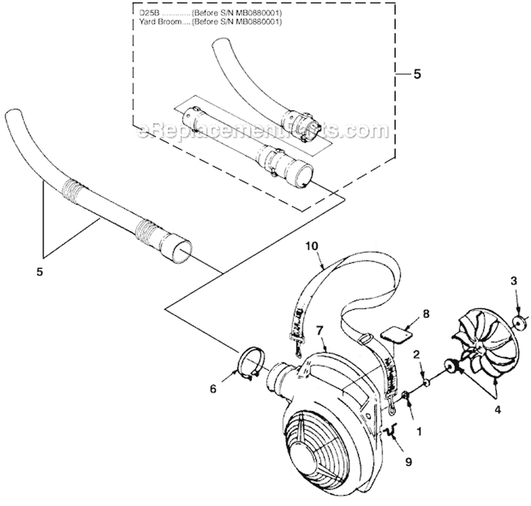 Volute, Fan And Tubes Diagram and Parts List for UT08110  Homelite Leaf Blower / Vacuum