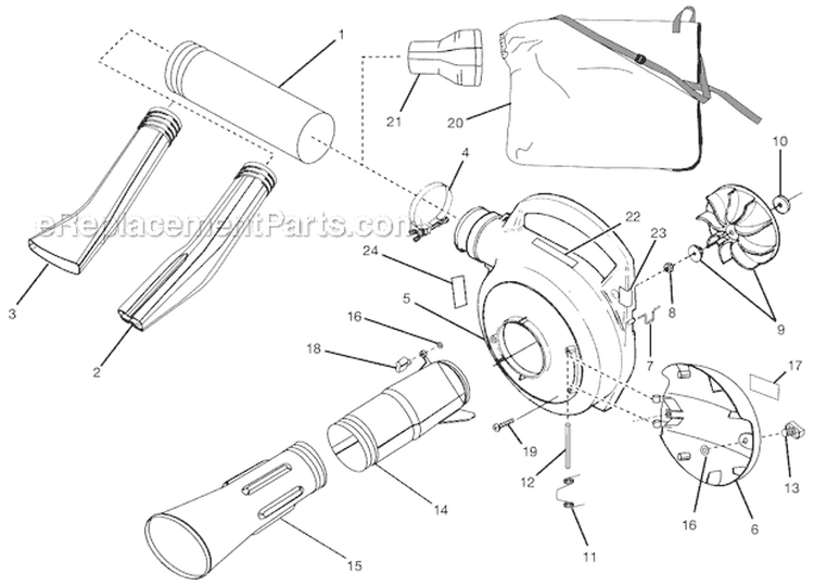 Volute, Fan And Tubes Diagram and Parts List for UT08934B  Homelite Leaf Blower / Vacuum