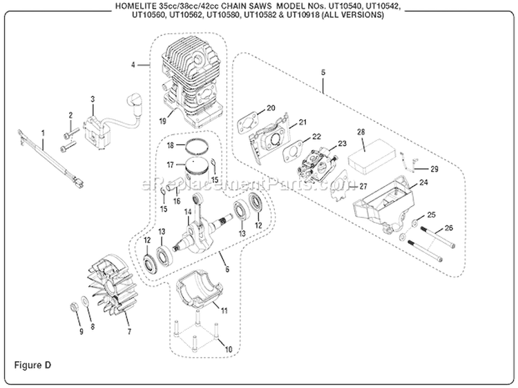 Page D Diagram and Parts List for UT10580  Homelite Chainsaw