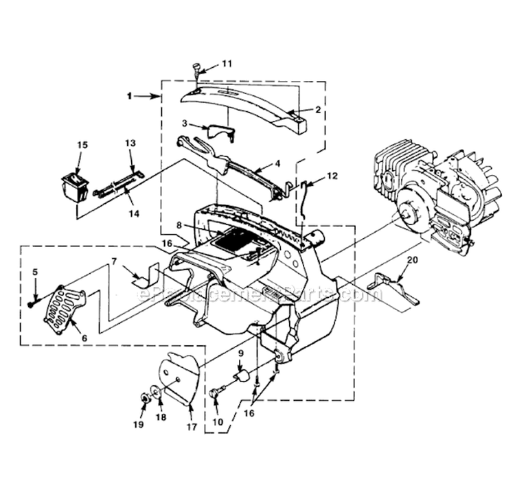 Engine Housing Diagram and Parts List for UT10753-1  Homelite Chainsaw