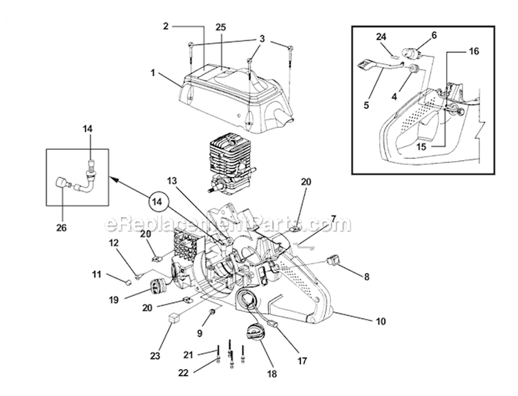 Engine Housing - Fuel Tank - Oil Tank Diagram and Parts List for UT10854 PS33 Homelite Chainsaw