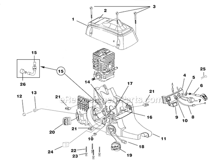 Engine Housing - Fuel Tank - Oil Tank Diagram and Parts List for UT10860 D4550B Homelite Chainsaw
