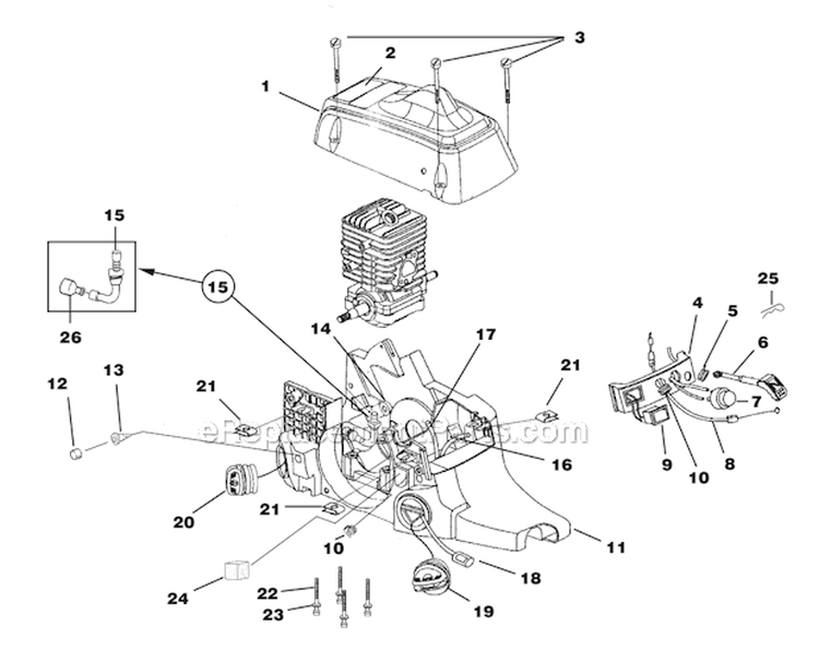 Engine Housing - Fuel Tank - Oil Tank Diagram and Parts List for UT10910 Timberman Homelite Chainsaw