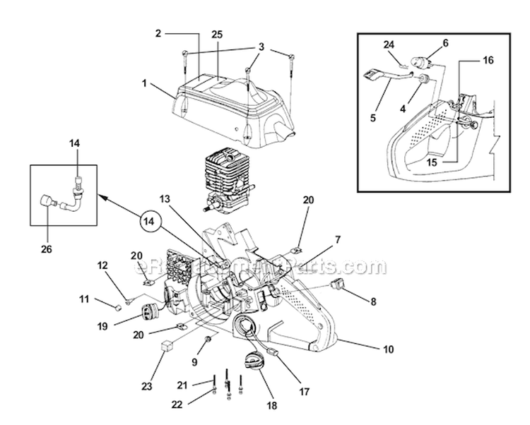Engine Housing - Fuel Tank - Oil Tank Diagram and Parts List for UT10926 Ranger Homelite Chainsaw