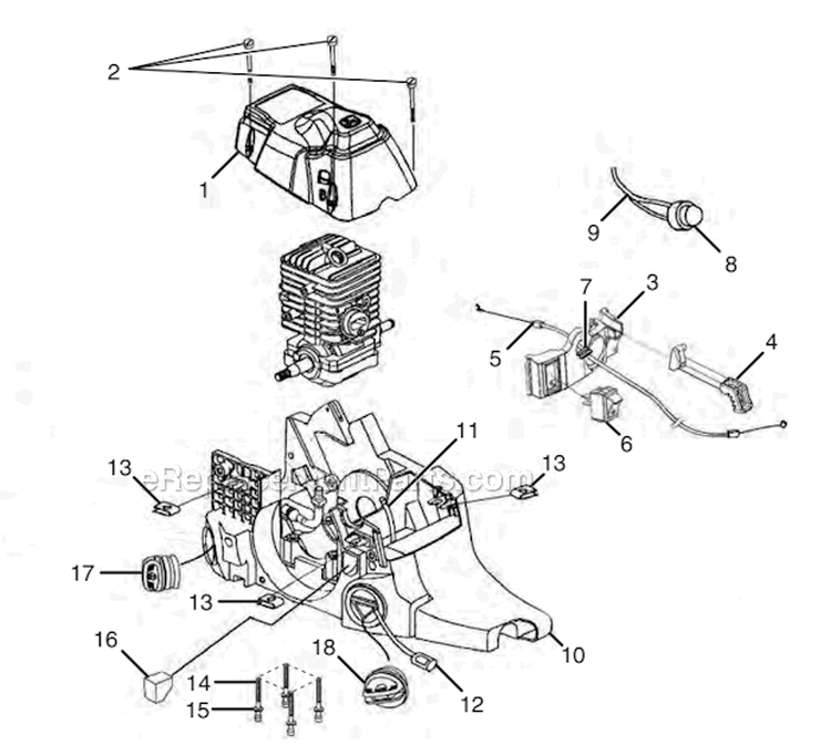 Engine Housing - Fuel Tank - Oil Tank Diagram and Parts List for UT10942D  Homelite Chainsaw