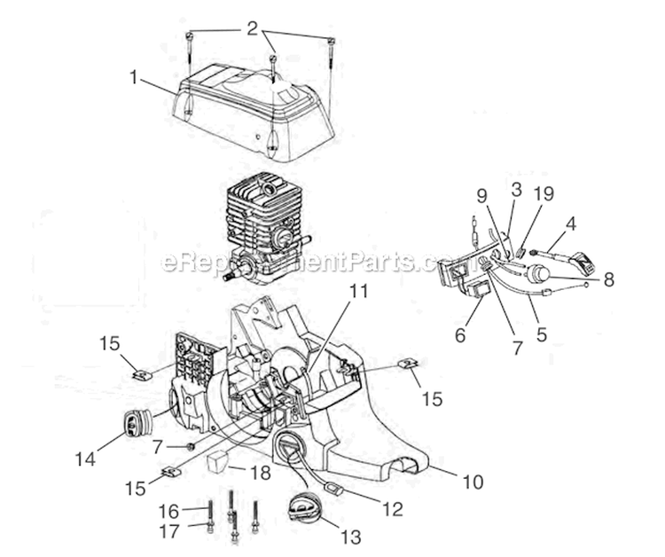 Engine Housing - Fuel Tank - Oil Tank Diagram and Parts List for UT10947E  Homelite Chainsaw