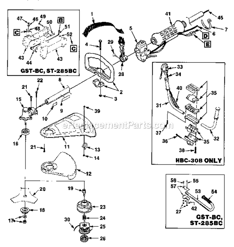 Boom And Head Diagram and Parts List for UT15084A GSTBC Homelite Trimmer