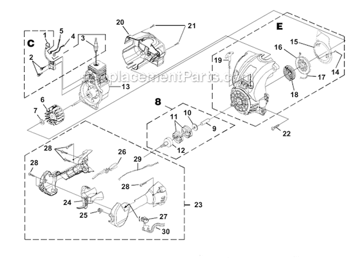 Ignition - Rotor - Starter - Clutch Diagram and Parts List for UT15181 K400 Homelite Trimmer