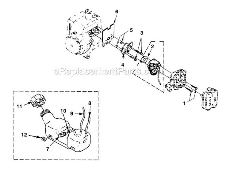 Carburetor - Fuel Tank Diagram and Parts List for UT20661 T30C Homelite Trimmer