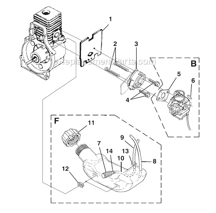Carburetor - Fuel Tank Diagram and Parts List for UT20720 TrimLite Homelite Trimmer