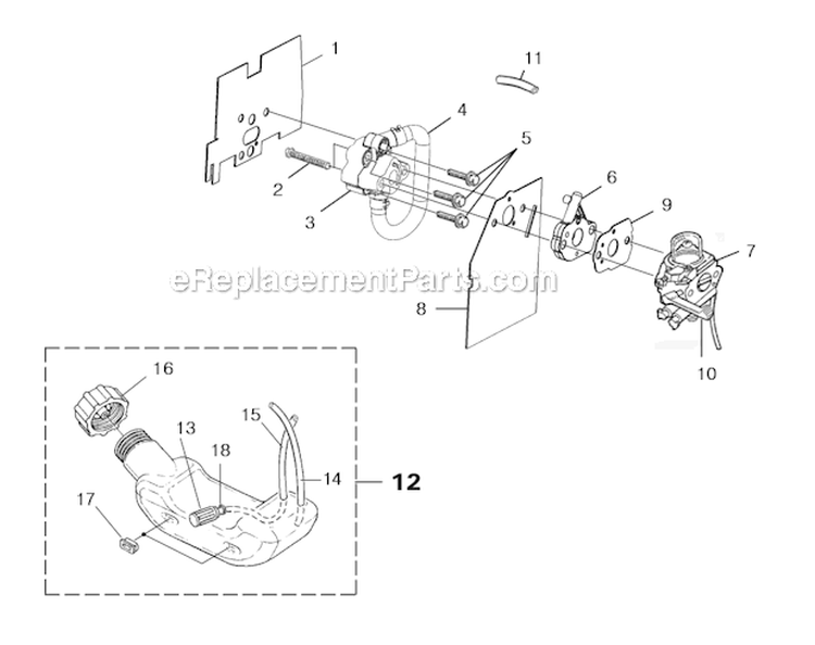 Carburetor - Fuel Tank Diagram and Parts List for UT20804 Trimlite Homelite Trimmer