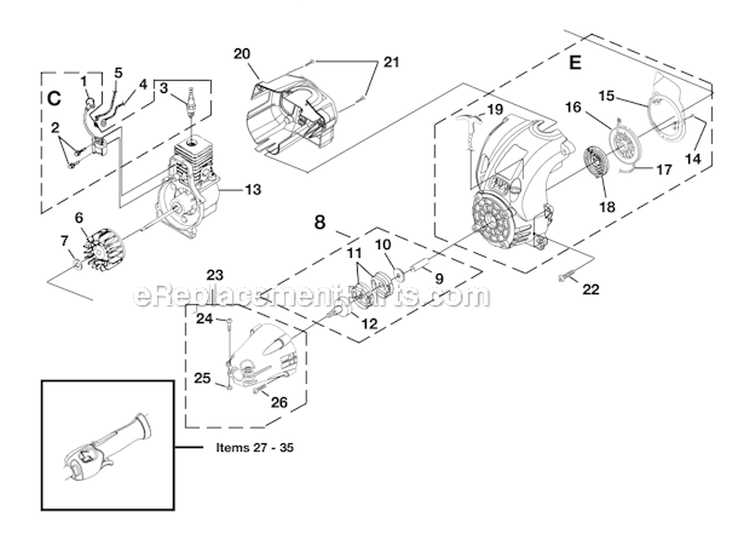 Ignition - Rotor - Starter - Clutch Diagram and Parts List for UT20810 S1400 Homelite Trimmer