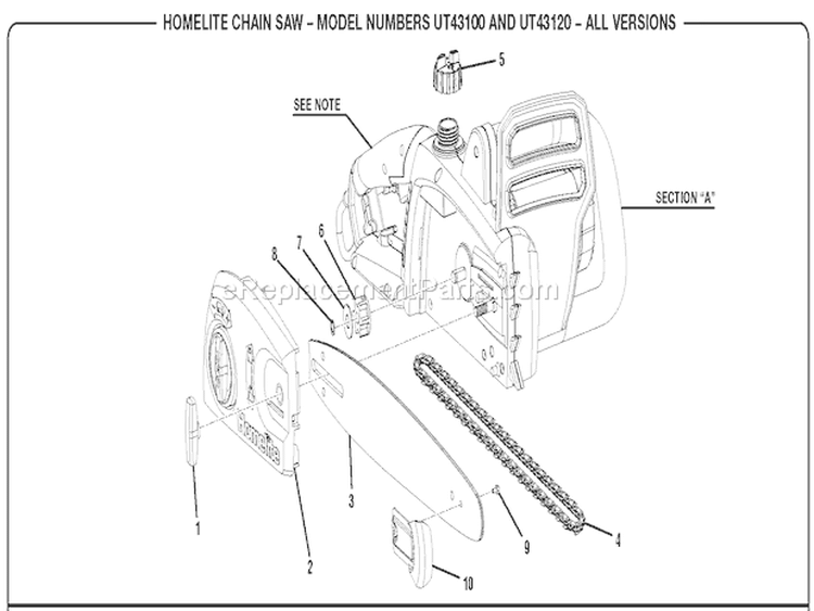 General Assembly Part 1 Diagram and Parts List for UT43120  Homelite Chainsaw