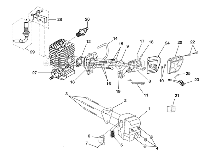 Carburetor - Muffler - Air Filter Diagram and Parts List for UT74121B  Homelite Chainsaw