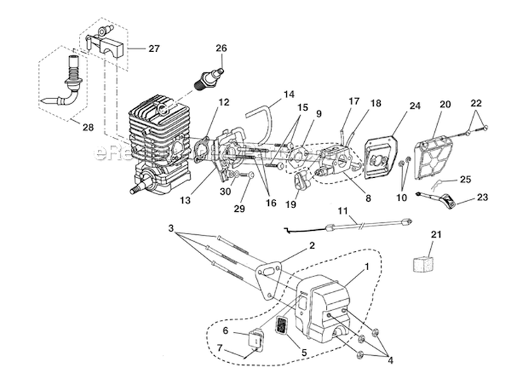 Carburetor - Muffler - Air Filter Diagram and Parts List for UT74121D  Homelite Chainsaw