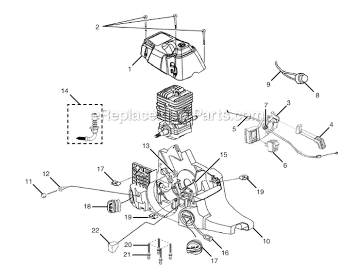 Engine Housing - Fuel Tank - Oil Tank Diagram and Parts List for UT74123B  Homelite Chainsaw