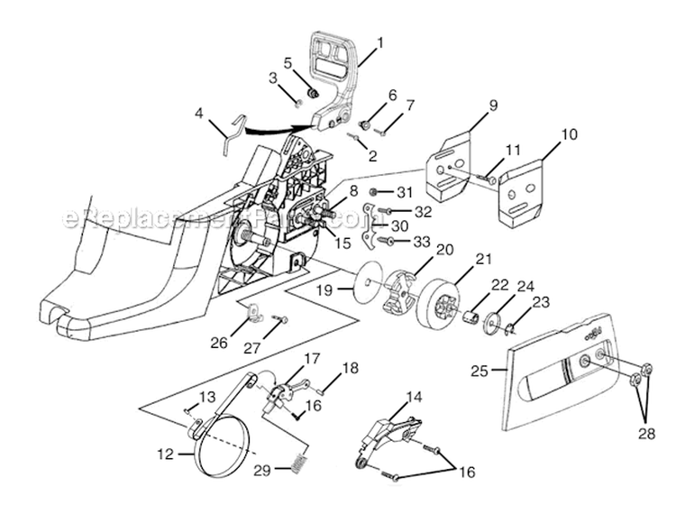 Clutch - Chain Brake - Drive Case Cover Diagram and Parts List for UT74125D  Homelite Chainsaw