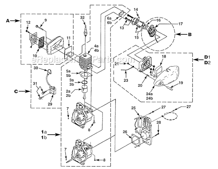 Intake, Muffler, Ignition And Engine Diagram and Parts List for Z625CDV UT-20631 Homelite Trimmer