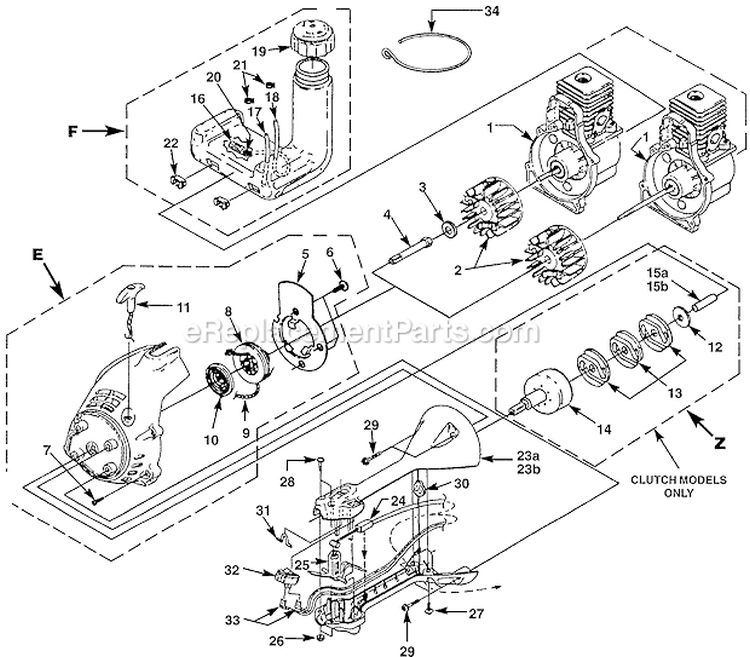 Tank Clutch And Starter Diagram and Parts List for S825CDV UT-20632 Homelite Trimmer