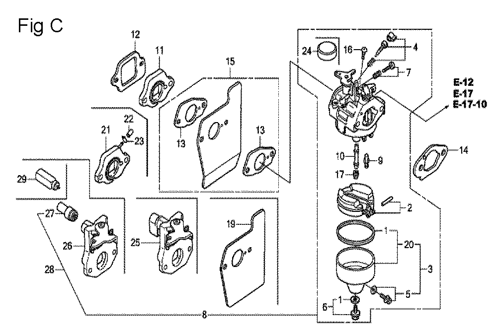 Fig-3 Diagram and Parts List for GCV190A Type R1A Honda Engine