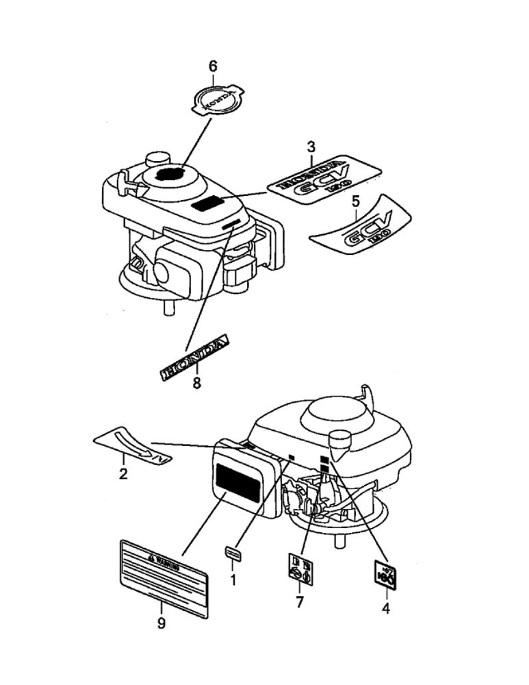 Labels Diagram and Parts List for GCV190-LABHH-ED  Honda Engine