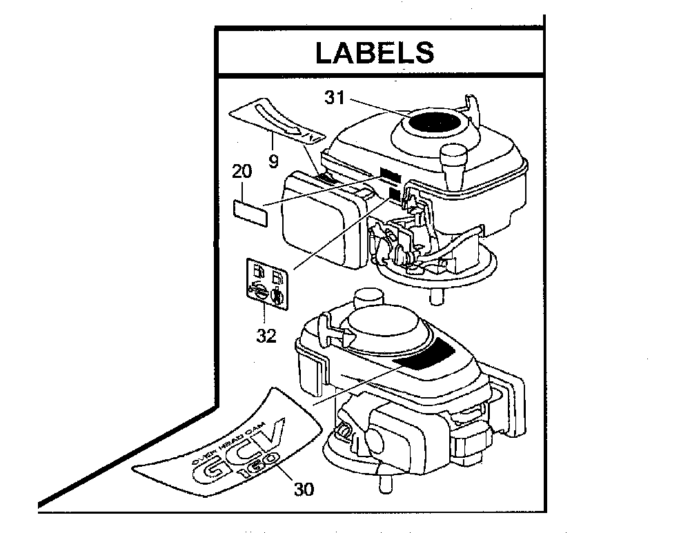 Labels Diagram and Parts List for GCV160-LA0S3-ED  Honda Engine