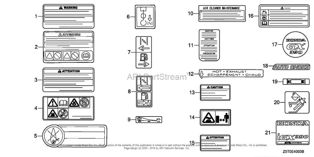Other Parts (Mark) Diagram and Parts List for GX390UT2 (typeSMXC)(GCBCT-1000001) Honda Engine
