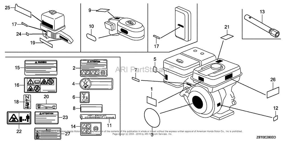 Label + Tool Diagram and Parts List for GX340UT2 (typePKT2)(GCBET-1000001) Honda Engine