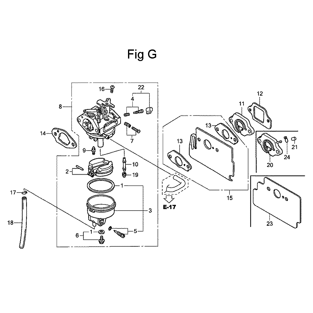 Fig-7 Diagram and Parts List for GC135 Type QHA1 Honda Engine