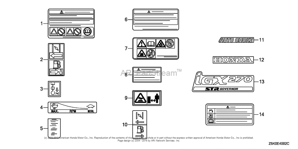 Other Parts (Label) Diagram and Parts List for GX270UT2 (typeSMX2)(GCBGT-1000001) Honda Engine